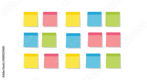 A grid of colorful sticky notes in yellow, pink, blue, and green, scattered and arranged, symbolizing notes, reminders, ideas, organization, or communication.