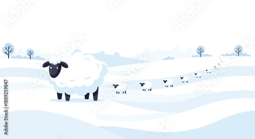 A black-faced sheep walks ahead of a flock in a snowy winter landscape with trees, illustrating a journey, movement, and natural progression through the cold.