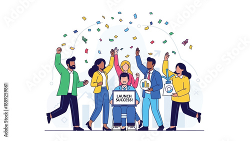 Diverse team of professionals celebrating a significant project launch success with falling confetti