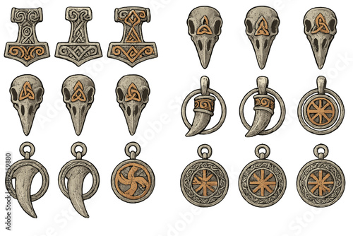 Various designs of pendants and charms with Celtic and nature-inspired symbols displayed on a neutral background for artistic appreciation