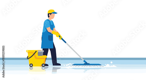 A cleaner in uniform and gloves mops a shiny floor with a bucket of soapy water, illustrating hygiene, sanitation, and janitorial services in a professional ...