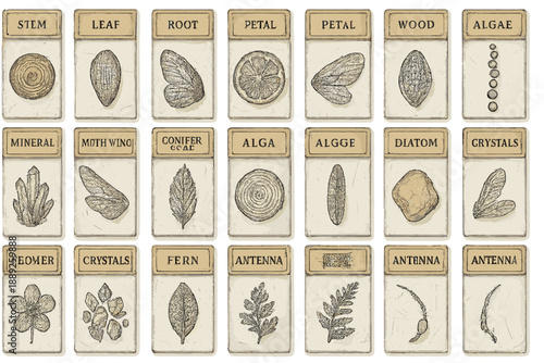 Collection of plant and mineral cards showing various natural elements with labels for study and identification in a research setting