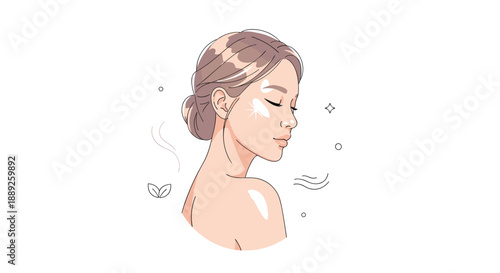 Beautiful Woman Side Profile with Glowing Radiant Skin and Elegant Hair Bun Skincare Illustration