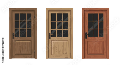 Three wooden doors with glass panes and handles are displayed side-by-side, showcasing different wood textures and styles, representing entryways and choices.