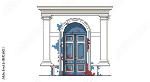 An ornate blue double door with a classical architectural surround, stained and weathered, suggesting a grand entrance with a story of history and wear.