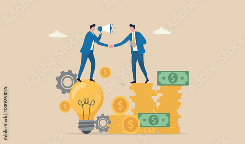 Idea pitching, fund raising and venture capital, selling business or merger agreement concept, entrepreneur businessman standing on lightbulb shaking hands with VC on money coins stack