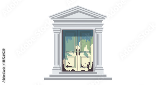 A grand neoclassical entrance with double doors, showing signs of age and decay, symbolizing a passage through time, history, and weathered beauty.