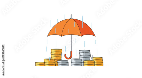 Stacks of gold and silver coins are protected by an orange umbrella from falling rain, symbolizing financial security, insurance, and risk management.