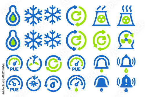Symbols related to environmental science, water conservation, and energy management displayed in blue and green colors