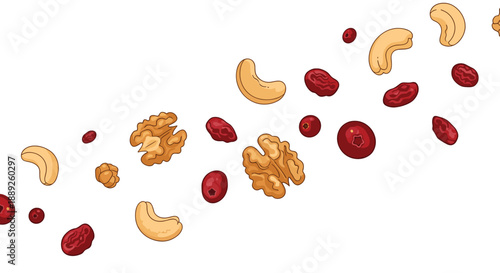 Scattered Nuts and Berries: A Colorful Assortment of Healthy Snacks, Including Walnuts, Cashews, and Cranberries, Ideal for Food Photography and Healthy Eati...