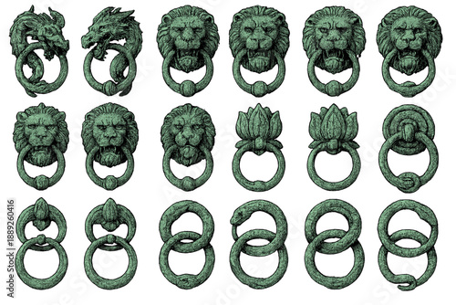 Different designs of door knockers showing animals and shapes in a row at an unknown location during a sunny day