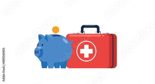 A conceptual illustration depicting financial security and healthcare savings, featuring a blue piggy bank with a coin, next to a red first aid kit on a whit...