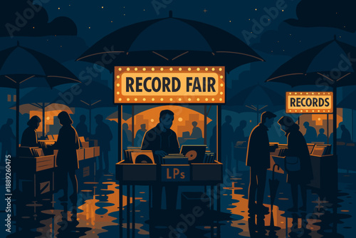 Crowd gathers at record fair in the evening with stalls showcasing vinyl records under bright lights