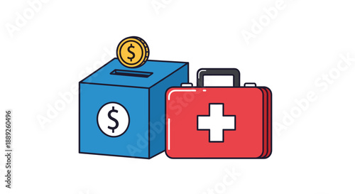 A visual representation of health savings and financial planning, showing a blue money box with a dollar sign and coin, alongside a red medical first aid cas...