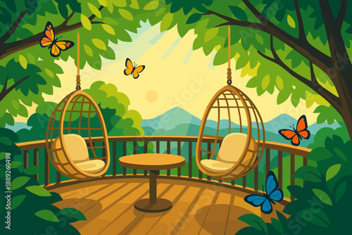Hanging chairs on a balcony surrounded by trees and butterflies near mountains at sunset
