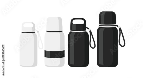 Set of four sleek water bottles, two in classic white and two in modern black, featuring minimalist designs with convenient carrying straps and caps, perfect...