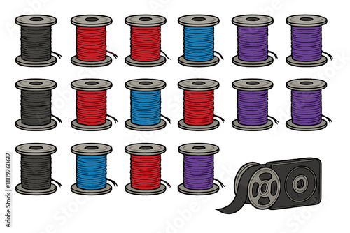 Different colors of thread on spools along with a film reel in the corner of the display