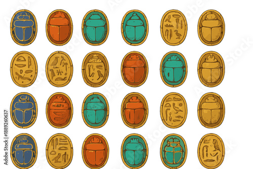Different colored scarab seals arranged in rows on a white background showing ancient symbols and designs