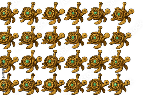 Creative design of unique turtle characters with mechanical features and blue gems, featuring multiple versions arranged in a pattern