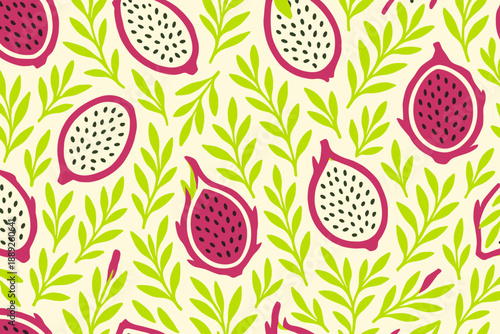 Colorful pattern of dragon fruit and green leaves on a light background displays nature's design