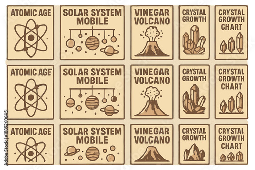 Teaching tools for science lessons showing atomic age, solar system, vinegar volcano, and crystal growth chart in a classroom environment