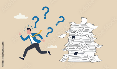 Overwhelmed or work overload, exhausted and anxiety, stressed and tired from problem trouble, panic attack shocked, burnout and depression concept, fearful businessman runaway paperwork