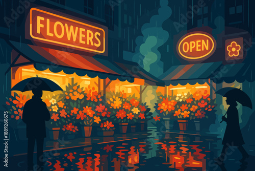 Rainy evening scene with flower shop and two figures holding umbrellas