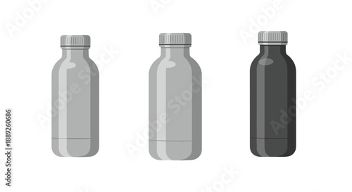 Three minimalist and modern water bottles in varying shades of gray and black, showcasing sleek cylindrical designs with threaded caps, ideal for everyday us...