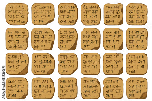 Ancient clay tablets with cuneiform writing arranged on a flat surface in a historical setting