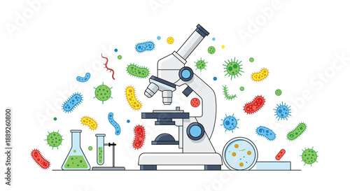 A detailed illustration of a laboratory microscope with beakers, test tubes, and petri dishes, surrounded by colorful cartoon microbes, symbolizing scientifi...
