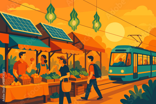 Market day at sunset with people shopping near a tram stop in a vibrant outdoor setting