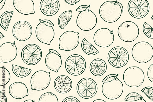 Pattern of lemons and oranges on a light background with various sizes and shapes of citrus fruits in a repeating design