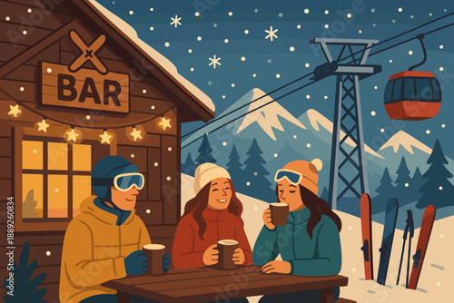 Friends enjoy drinks outside bar during winter evening in ski resort, mountains, and snow present