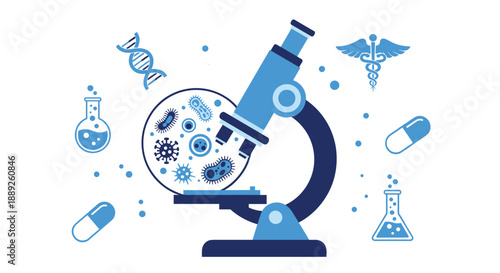 Microscope magnifying bacteria and DNA helix, symbolizing scientific research, medical discovery, and laboratory analysis, with caduceus and pills suggesting...