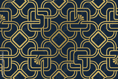 Design shows a complex pattern with interlocking shapes in gold on a dark blue background, suitable for wallpaper or textiles