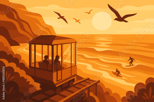 Sunset view from a cable car with surfers and birds by the ocean in a coastal location