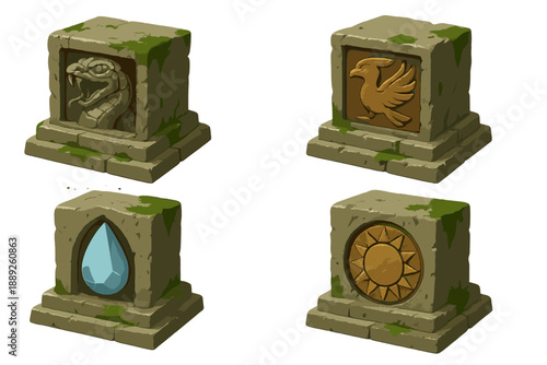 Four stone blocks featuring different symbols, including a snake, a bird, a drop of water, and the sun, arranged in a square layout