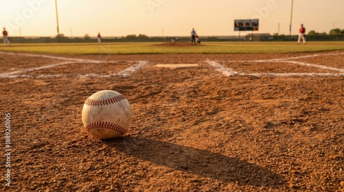Baseball on the infield dirt at sunset, ready for the game to begin