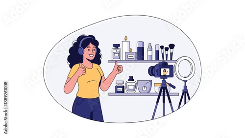 Enthusiastic beauty vlogger records a makeup tutorial in front of a ring light while showing a thumbs up gesture to her camera.