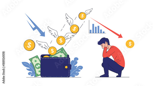 Stressed man sits in despair while golden coins with wings fly out of his open wallet next to declining financial stock charts.