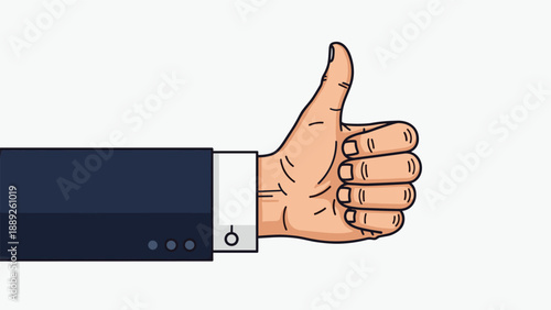 Professional businessman wearing a dark suit sleeve shows a positive thumbs up gesture against a plain white studio background.