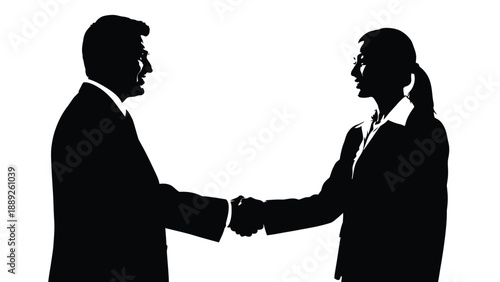 Silhouette of a professional businessman and businesswoman shaking hands in agreement against white background