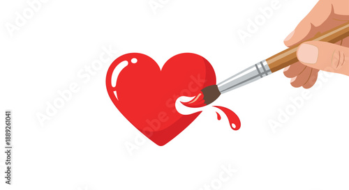 A shiny red heart being painted with a brush, with droplets of paint splashing, representing creation, love, art, and the process of adding life and color.