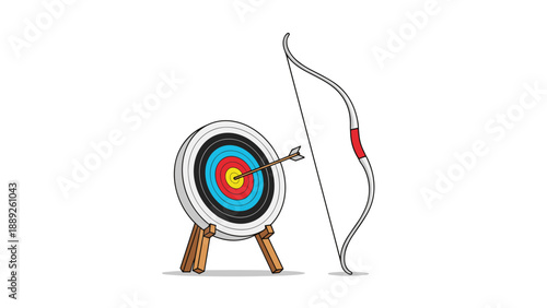 Traditional archery set features a round colorful target with an arrow hitting the bullseye next to a recurve bow on a white floor.