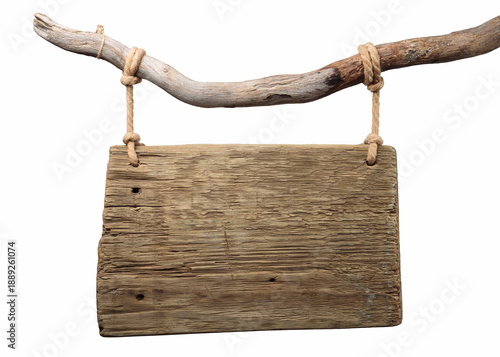 Rustic blank wooden sign hanging from a driftwood branch. Isolated on white for easy use as a template or mockup.