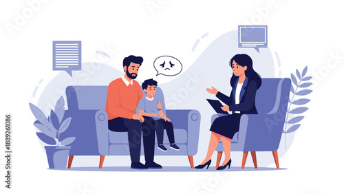 Professional female therapist consults with a concerned father and his sad young son during a supportive counseling session.