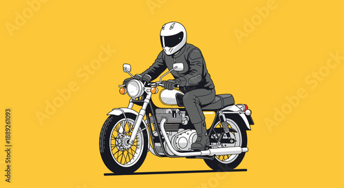 A person wearing a helmet and black leather riding gear on a yellow vintage motorcycle, cruising on a vibrant yellow background, capturing the essence of fre...