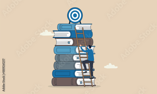 Climb up ladder books, aspiration to success, growth or aiming to achieve, objective or purpose, motivation to winning concept, businessman climbing ladder to business goal.