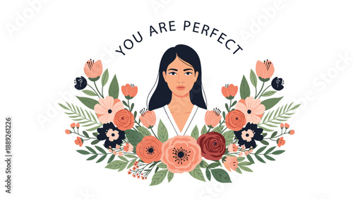 Beautiful woman with dark hair is framed by a lush arrangement of pink roses and green leaves with the text you are perfect.