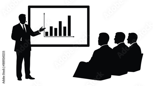 Silhouette of a businessman presenting upward trending bar graph data to seated audience members